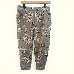 United Colors of Benetton Pure Linen Pants Taupe Floral Pull On Cropped Womens M